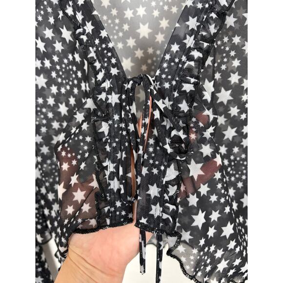 Free People Marne Tie Front Ruffle Long Sleeve Mesh Blouse in Star Print Medium - Picture 6 of 6